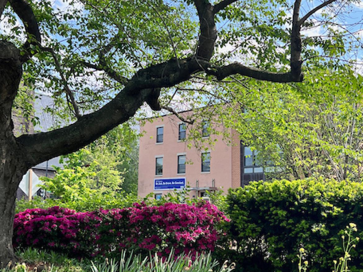 FCNL office through greenery